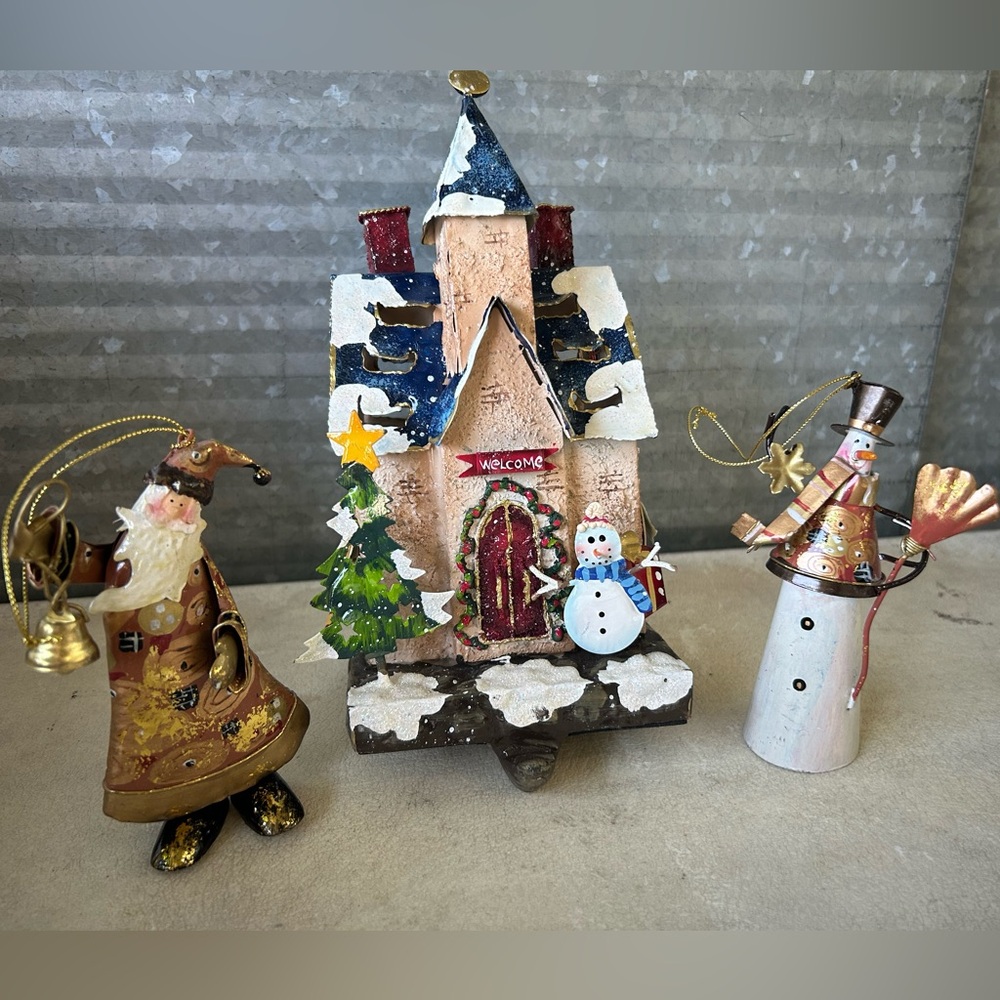 Christmas house with Santa and snow man accompanied ornaments - metal